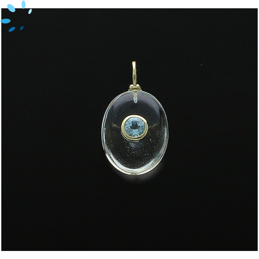 Crystal Quartz & Blue Topaz Oval Inlay Charm Pendant 17x13mm - 18k Gold Plated Sterling Silver