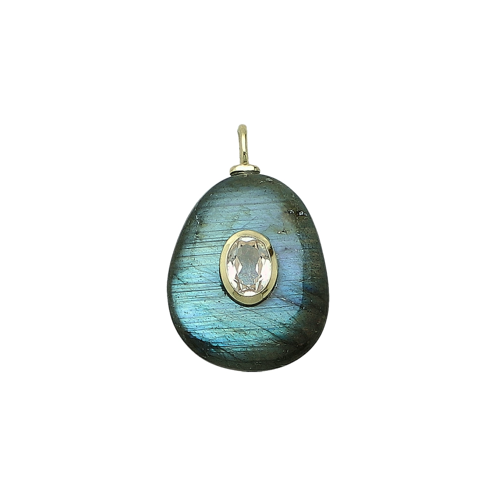 Labradorite & White Topaz Pear Inlay Pendant Charm 22x18mm - 18k Gold Plated Sterling Silver