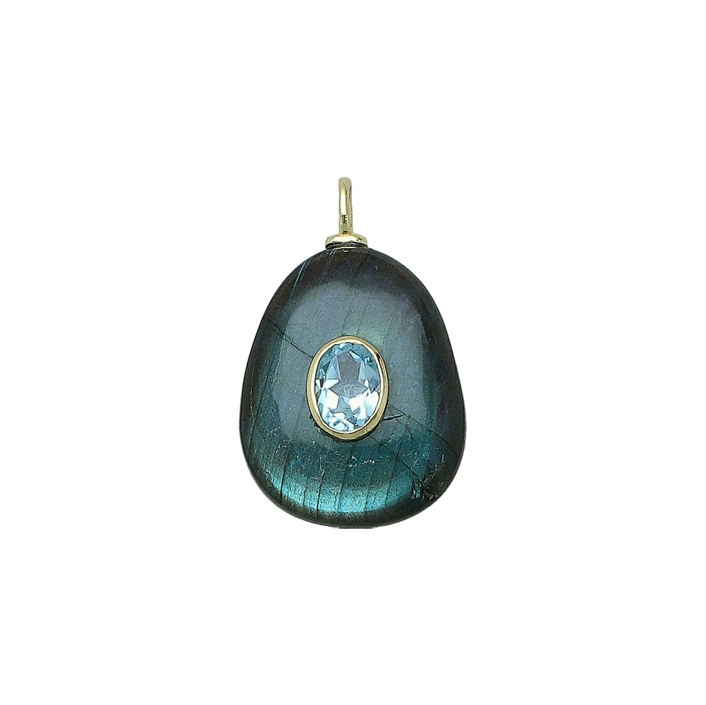 Labradorite & Blue Topaz Pear Inlay Pendant Charm 22x18mm - 18k Gold Plated Sterling Silver