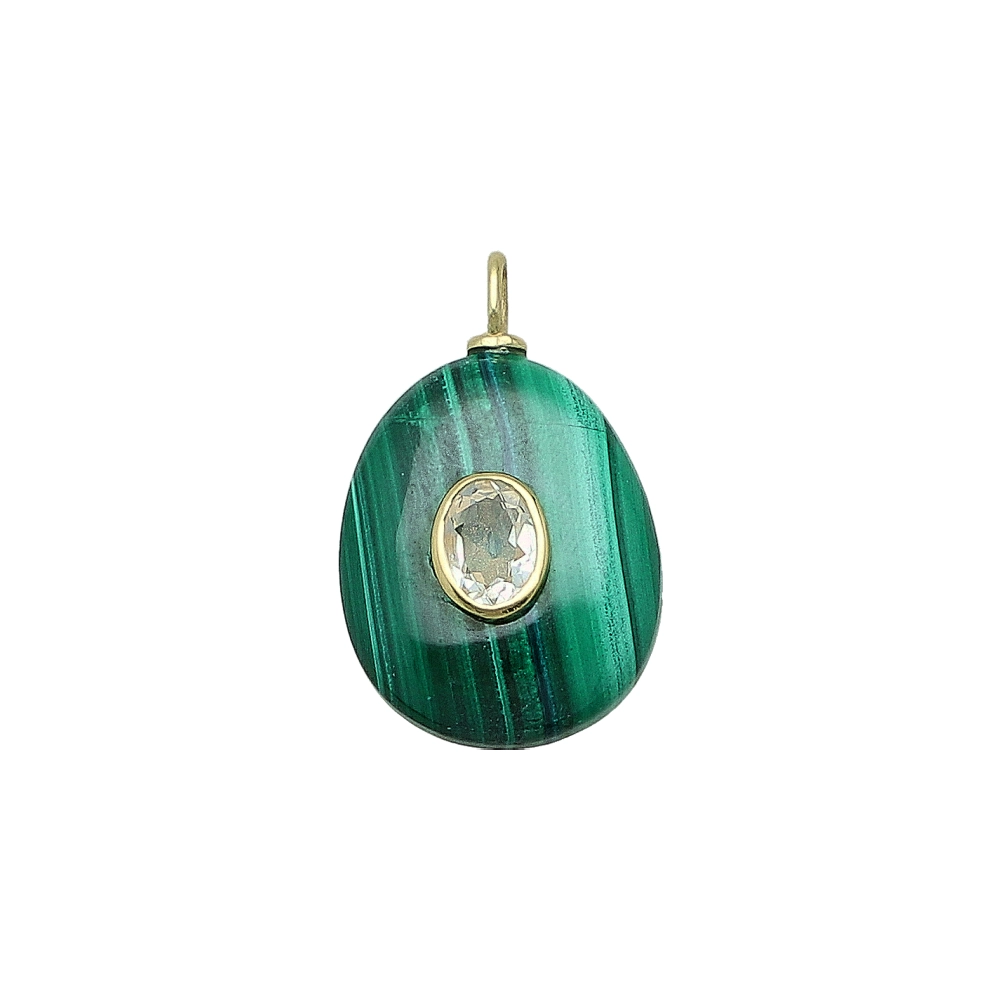 Malachite & White Topaz Pear Inlay Pendant Charm 22x18mm - 18k Gold Plated Sterling Silver