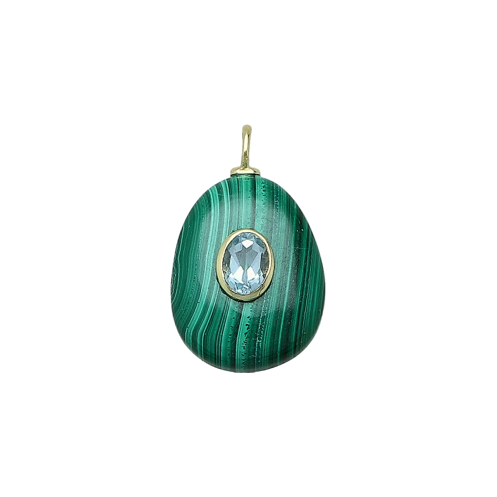 Malachite & Blue Topaz Pear Inlay Pendant Charm 22x18mm - 18k Gold Plated Sterling Silver