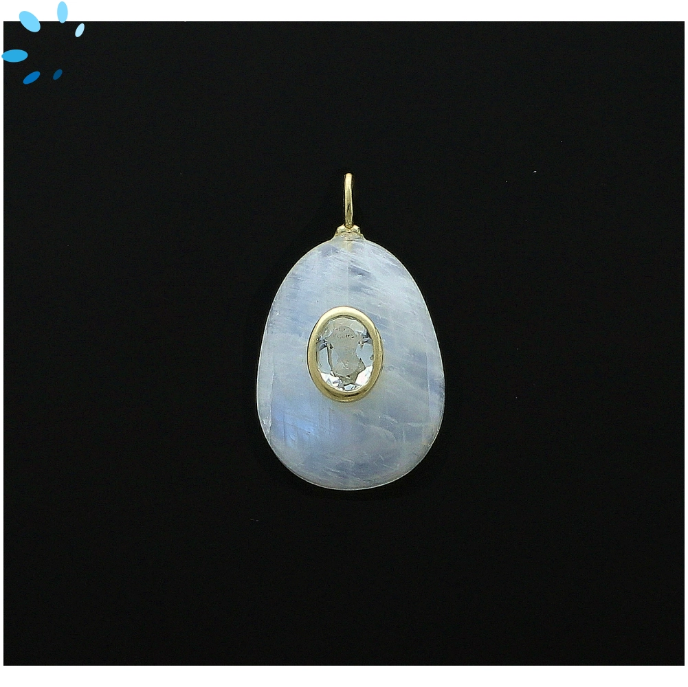 Rainbow Moonstone & White Topaz Pear Inlay Pendant Charm 22x18mm - 18k Gold Plated Sterling Silver