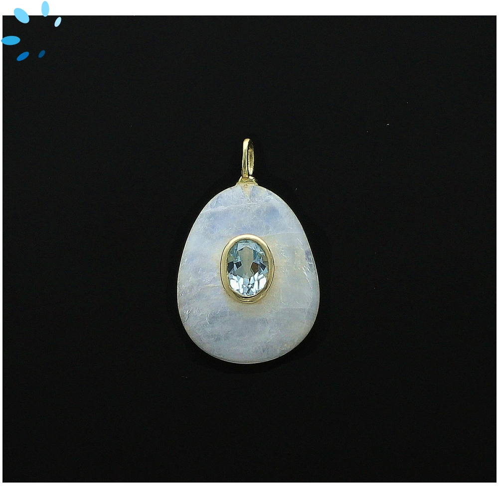 Rainbow Moonstone & Blue Topaz Pear Inlay Pendant Charm 22x18mm - 18k Gold Plated Sterling Silver