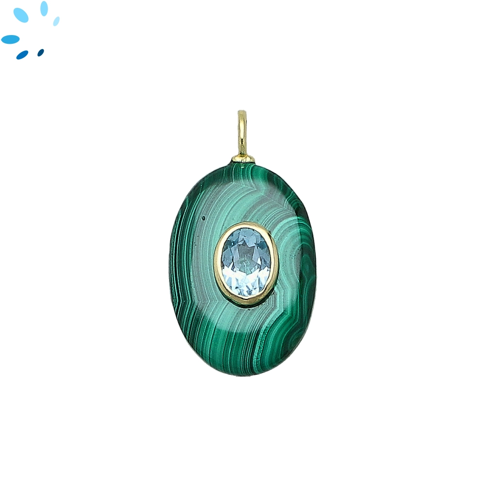 Malachite & Blue Topaz Oval Inlay Pendant Charm 22x15mm - 18k Gold Plated Sterling Silver
