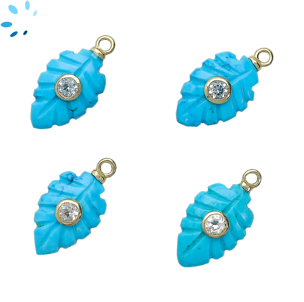 Howlite Turquoise & White Topaz Leaf Inlay Pendant Charm 14x9mm - 18k Gold Plated Sterling Silver - Set of 2