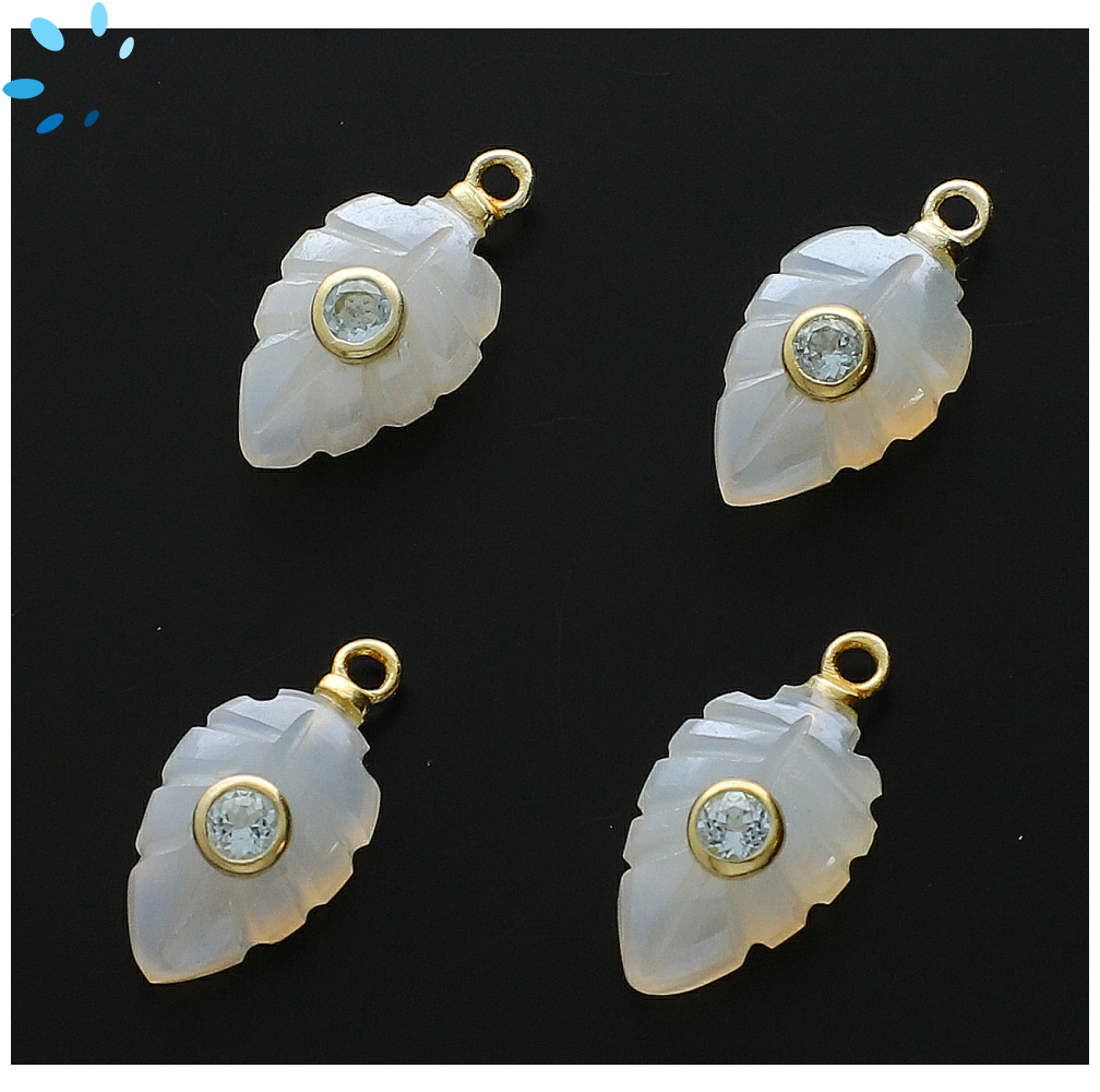 Mystic White Chalcedony & Blue Topaz Leaf Inlay Pendant Charm 14x9mm - 18k Gold Plated Sterling Silver - Set of 2