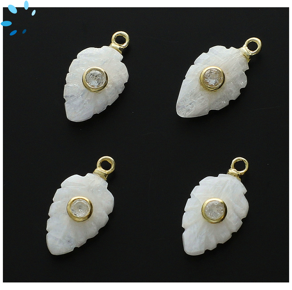 Rainbow Moonstone & White Topaz Leaf Inlay Pendant Charm 14x9mm - 18k Gold Plated Sterling Silver - Set of 2