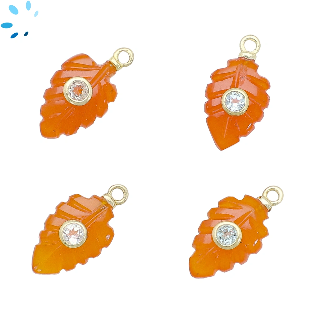 Carnelian & White Topaz Leaf Inlay Pendant Charm 13x9mm - 18k Gold Plated Sterling Silver - Set of 2