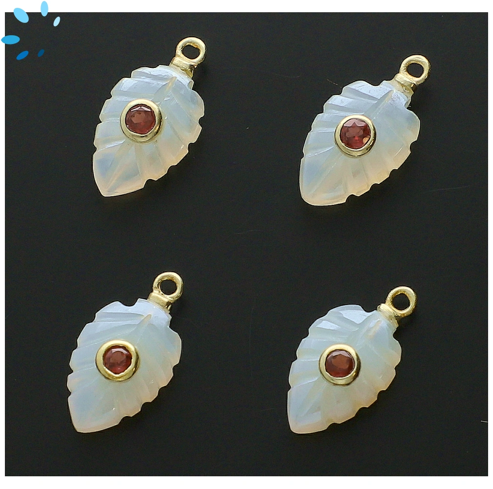 Mystic White Chalcedony & Garnet Leaf Inlay Charm Pendant 14x9mm - 18k Gold Plated Sterling Silver