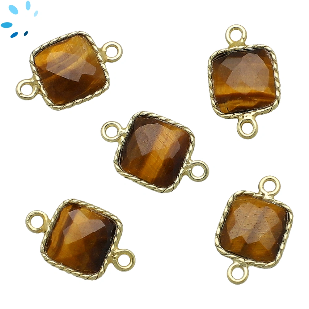 Tiger Eye Square Twisted Wire Bezel Connector 10x10mm - 18k Gold Plated Sterling Silver - Set of 4