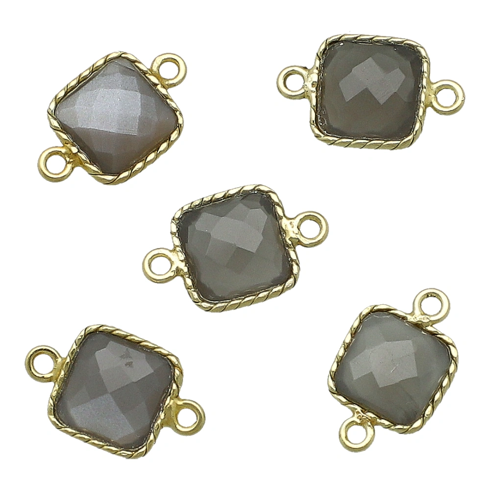 Gray Moonstone Square Twisted Wire Bezel Connector 10x10mm - 18k Gold Plated Sterling Silver - Set of 4