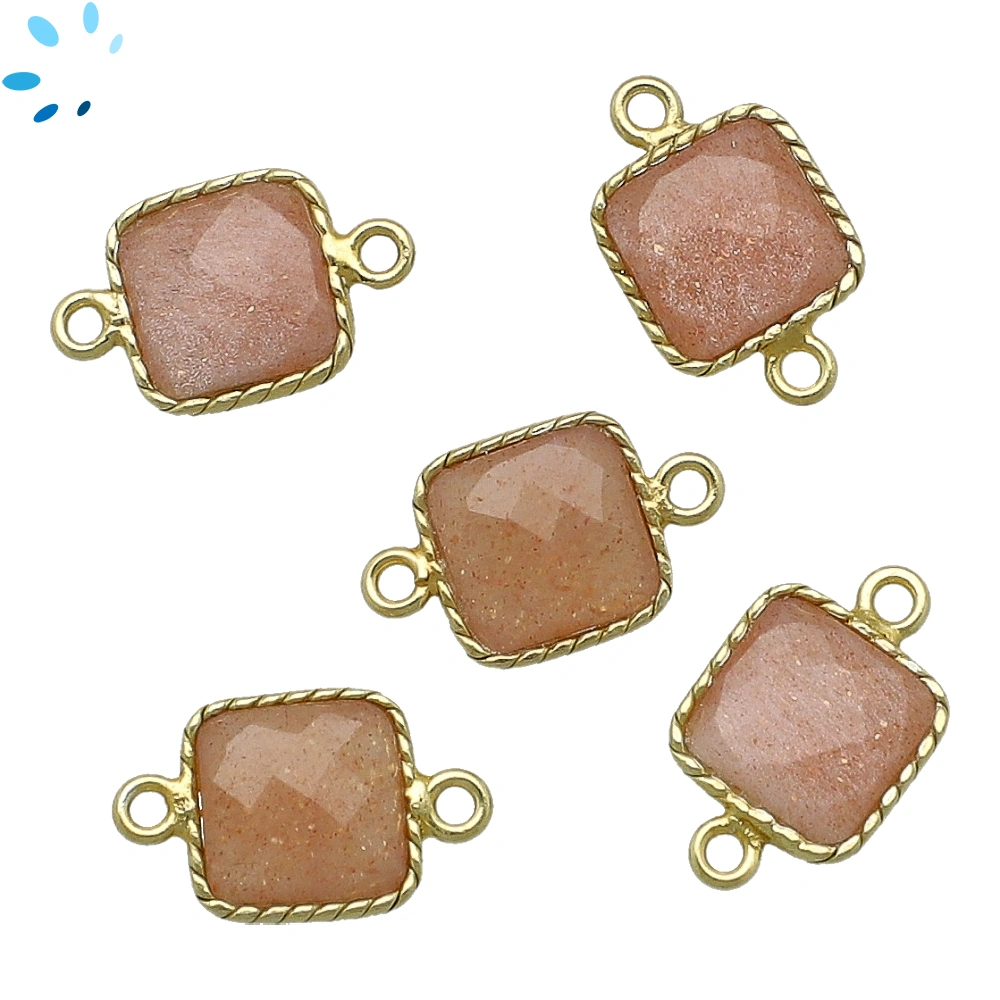 Peach Moonstone Square Twisted Wire Bezel Connector 10x10mm - 18k Gold Plated Sterling Silver - Set of 4