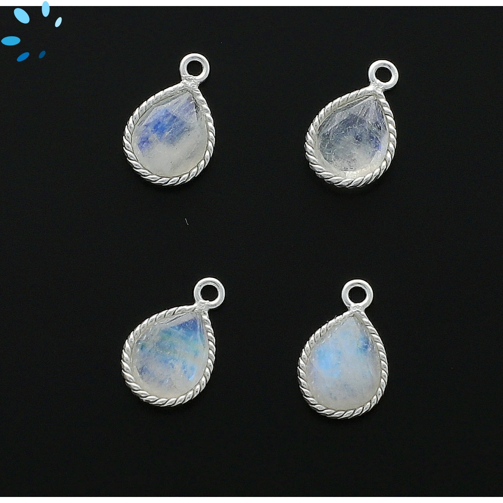 Rainbow Moonstone Pear Twisted Wire Bezel Charm Pendant 10x9mm - Platinum Plated Sterling Silver - Set of 4