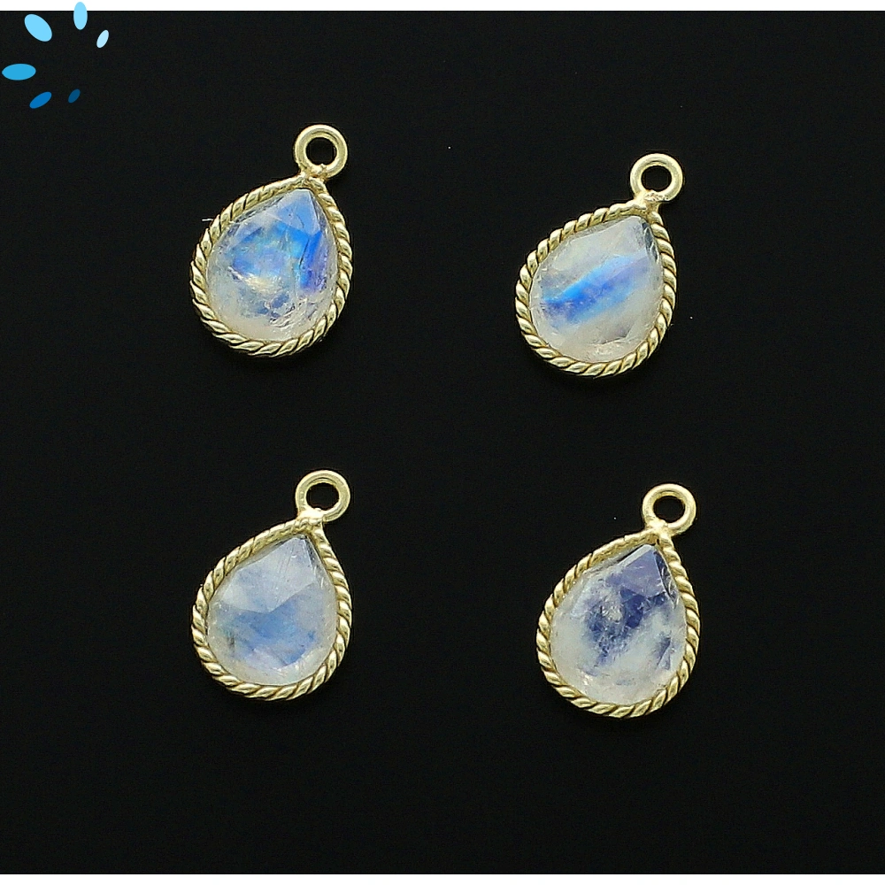 Rainbow Moonstone Pear Twisted Wire Bezel Charm Pendant 10x9mm - 18k Gold Plated Sterling Silver - Set of 4
