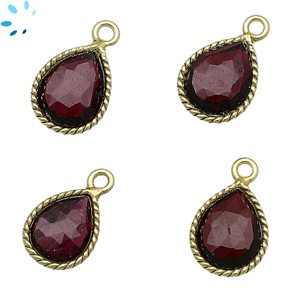 Garnet Pear Twisted Wire Bezel Charm Pendant 10x9mm - 18k Gold Plated Sterling Silver - Set of 4