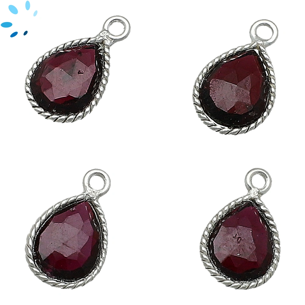 Garnet Pear Twisted Wire Bezel Charm Pendant 10x9mm - Platinum Plated Sterling Silver - Set of 4