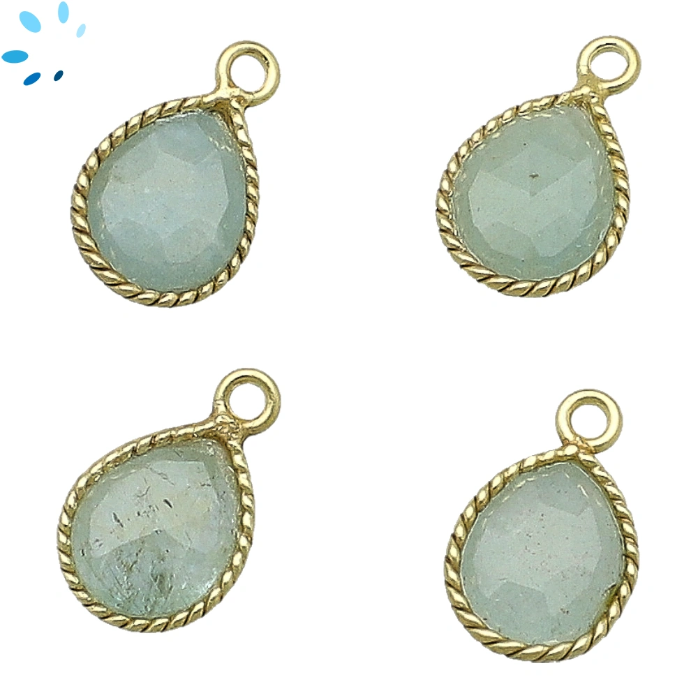 Aquamarine Pear Twisted Wire Bezel Charm Pendant 10x9mm - 18k Gold Plated Sterling Silver - Set of 4