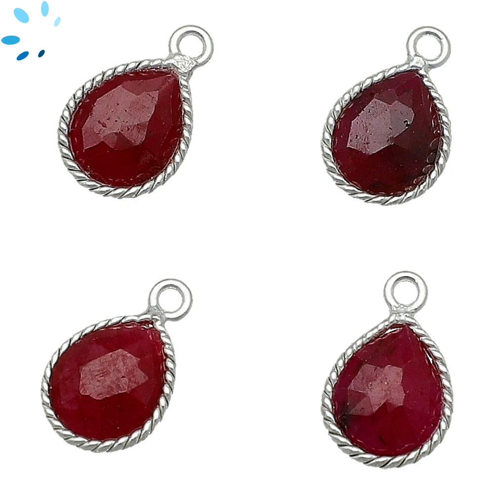 Dyed Ruby Pear Twisted Wire Bezel Charm Pendant 10x9mm - Platinum Plated Sterling Silver - Set of 4
