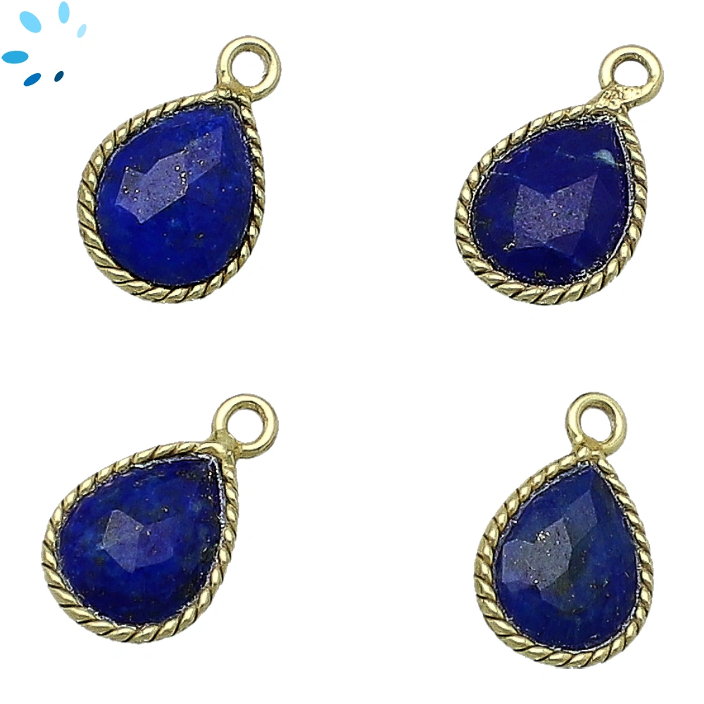 Lapis Pear Twisted Wire Bezel Charm Pendant 10x9mm - 18k Gold Plated Sterling Silver - Set of 4