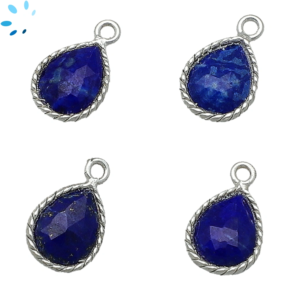 Lapis Pear Twisted Wire Bezel Charm Pendant 10x9mm - Platinum Plated Sterling Silver - Set of 4
