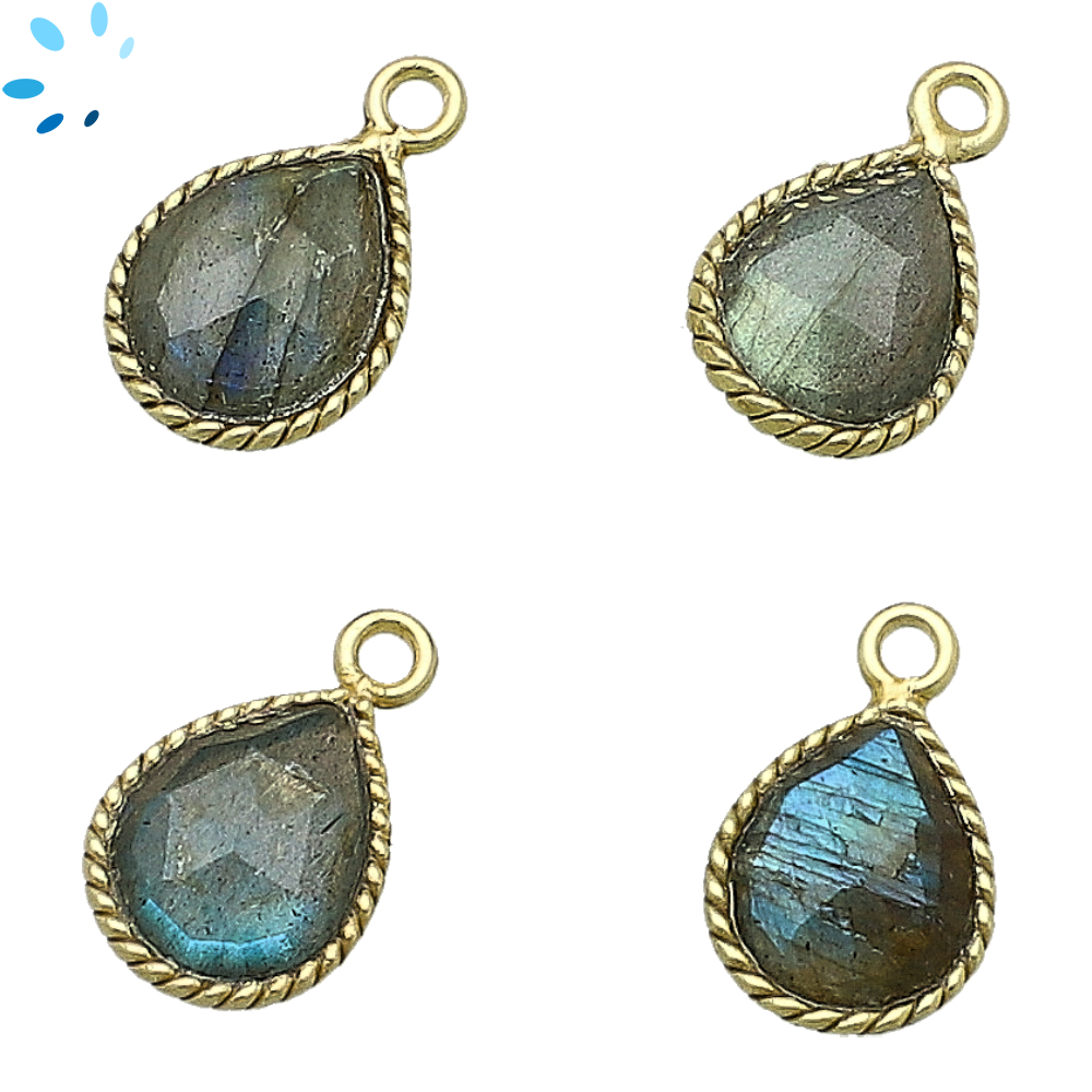 Labradorite Pear Twisted Wire Bezel Charm Pendant 10x9mm - 18k Gold Plated Sterling Silver - Set of 4