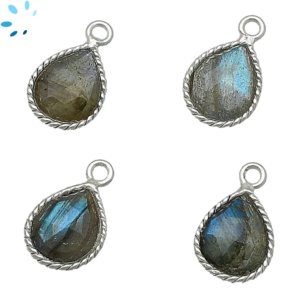 Labradorite Pear Twisted Wire Bezel Charm Pendant 10x9mm - Platinum Plated Sterling Silver - Set of 4