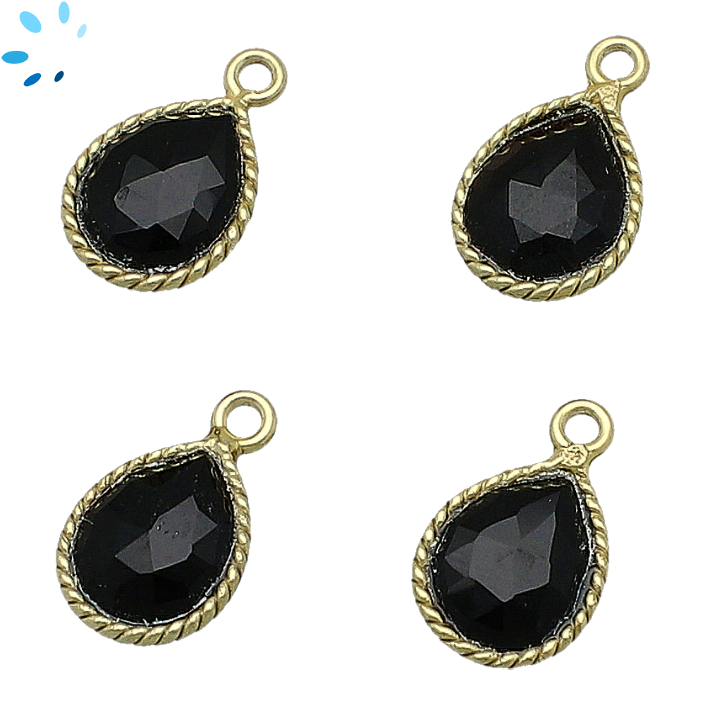 Black Onyx Pear Twisted Wire Bezel Charm Pendant 10x9mm - 18k Gold Plated Sterling Silver - Set of 4