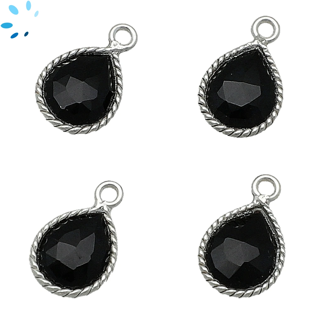 Black Onyx Pear Twisted Wire Bezel Charm Pendant 10x9mm - Platinum Plated Sterling Silver - Set of 4