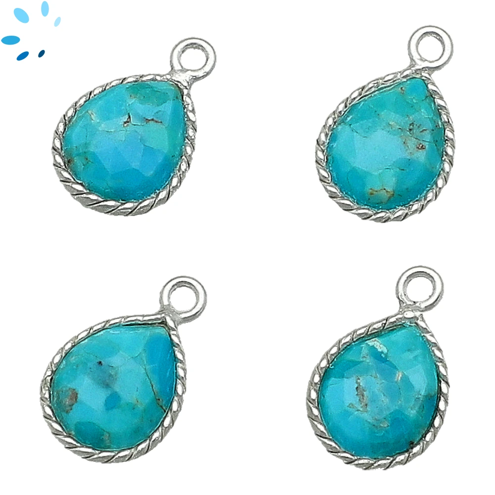 Kingman Block Turquoise Pear Twisted Wire Bezel Charm Pendant 10x9mm - Platinum Plated Sterling Silver - Set of 4