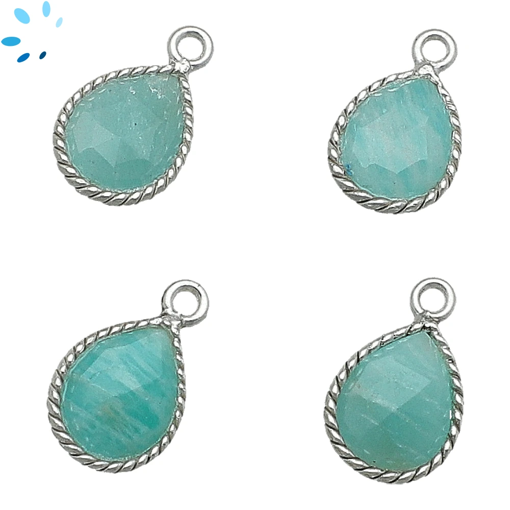 Amazonite Pear Twisted Wire Bezel Charm Pendant 10x9mm - Platinum Plated Sterling Silver - Set of 4