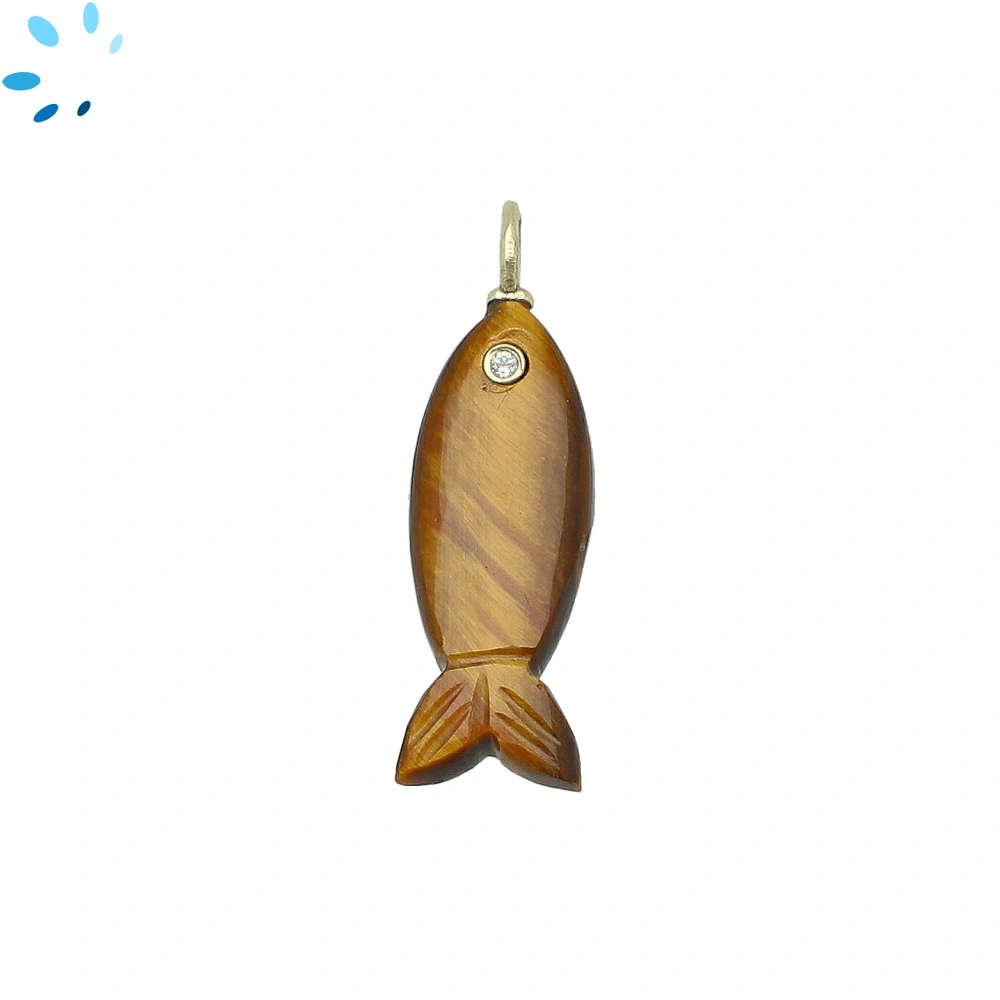 Tiger Eye & White Topaz Vertical Elongated Fish Inlay Pendant Charm 25x9mm - 18k Gold Plated Sterling Silver 1 Piece