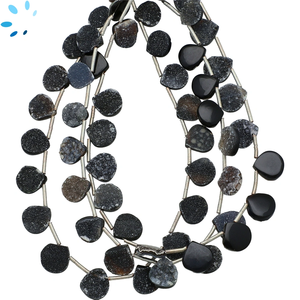 Black Druzy Rough Heart Top Drilled Beads 8-9mm - 8 Inch Strand