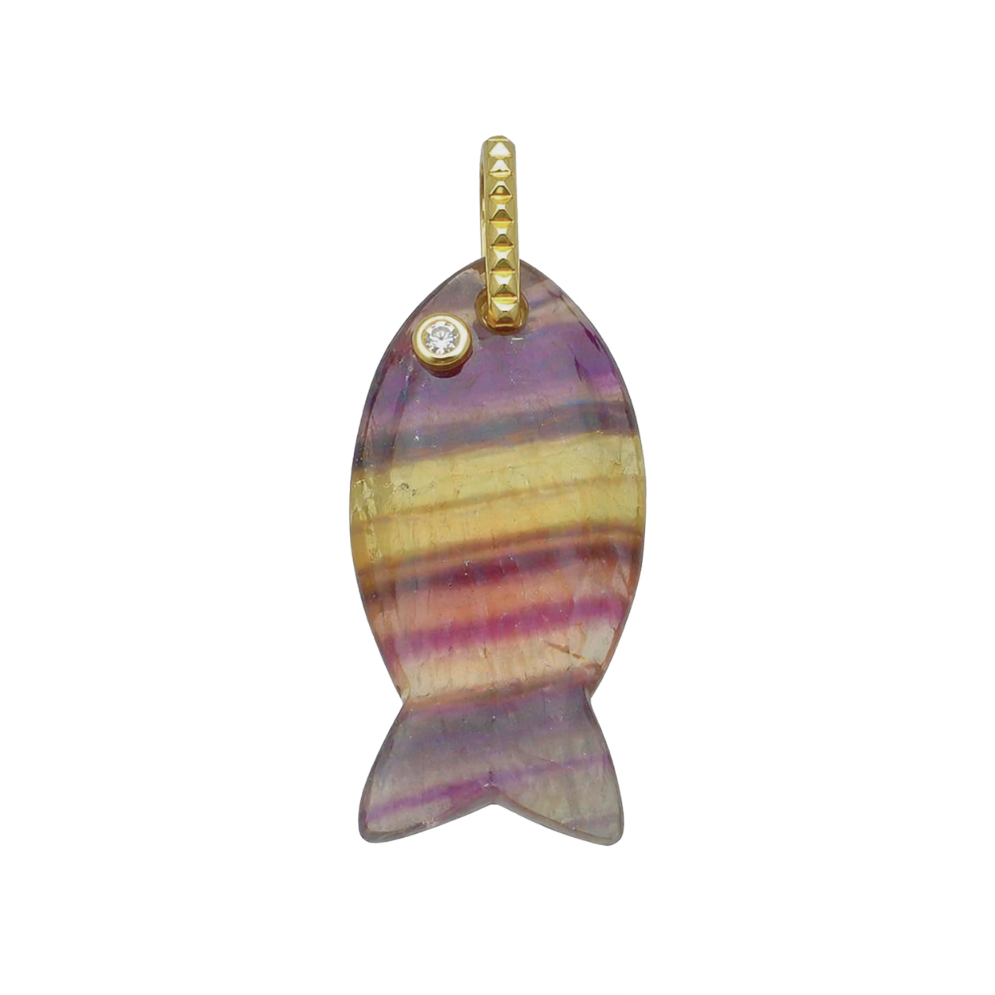 Fluorite & White Topaz Vertical Chunky Fish Inlay Pendant Charm 32x15mm - 18k Gold Plated Sterling Silver 1 Piece