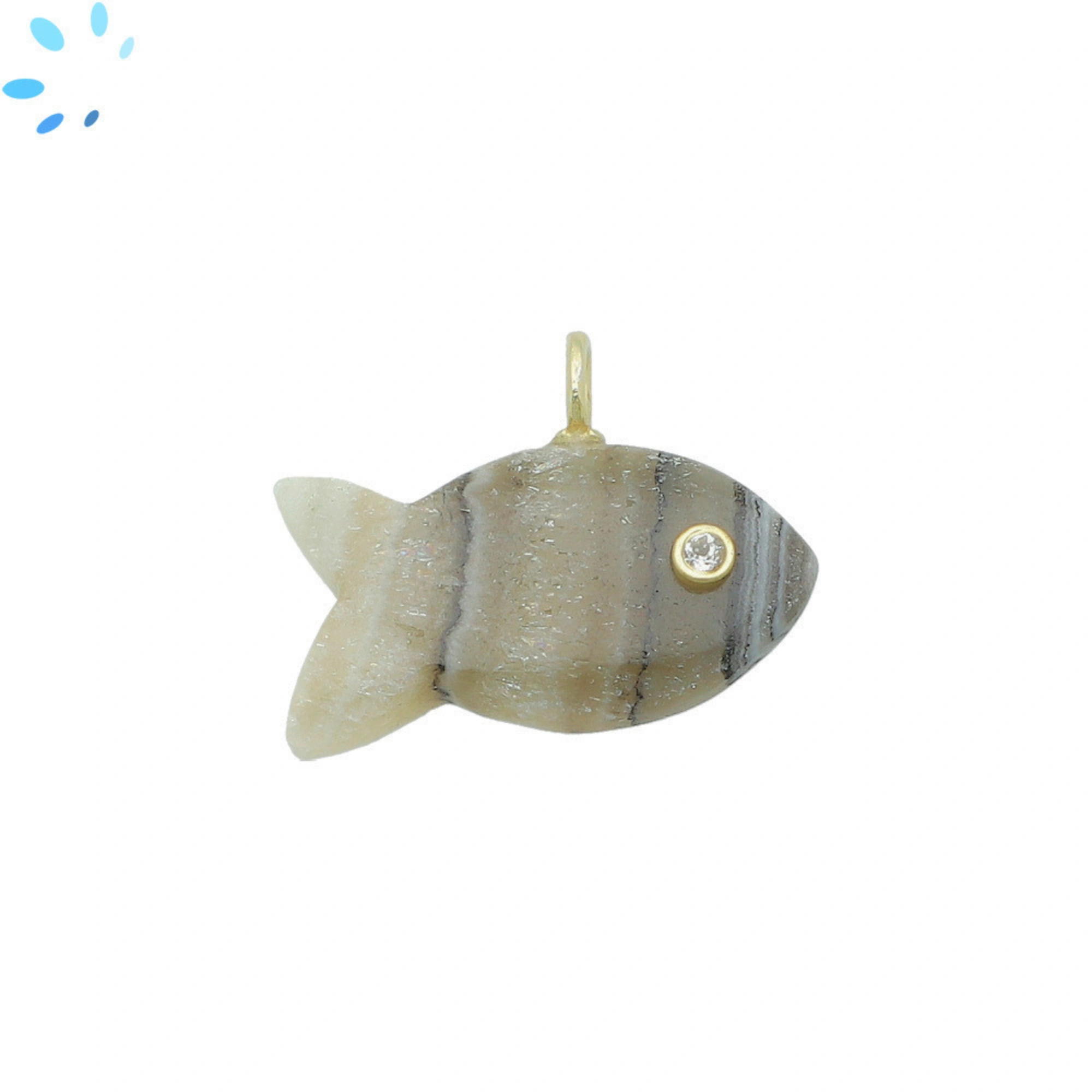 Zebra Calcite & White Topaz Horizontal Chunky Fish Inlay Pendant Charm 25x14mm - 18k Gold Plated Sterling Silver 1 Piece