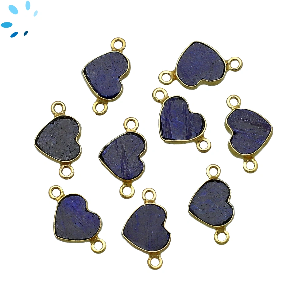 Dyed Blue Sapphire Corundum Heart Bezel Connector 9mm - 18k Gold Plated Sterling Silver - Set of 4