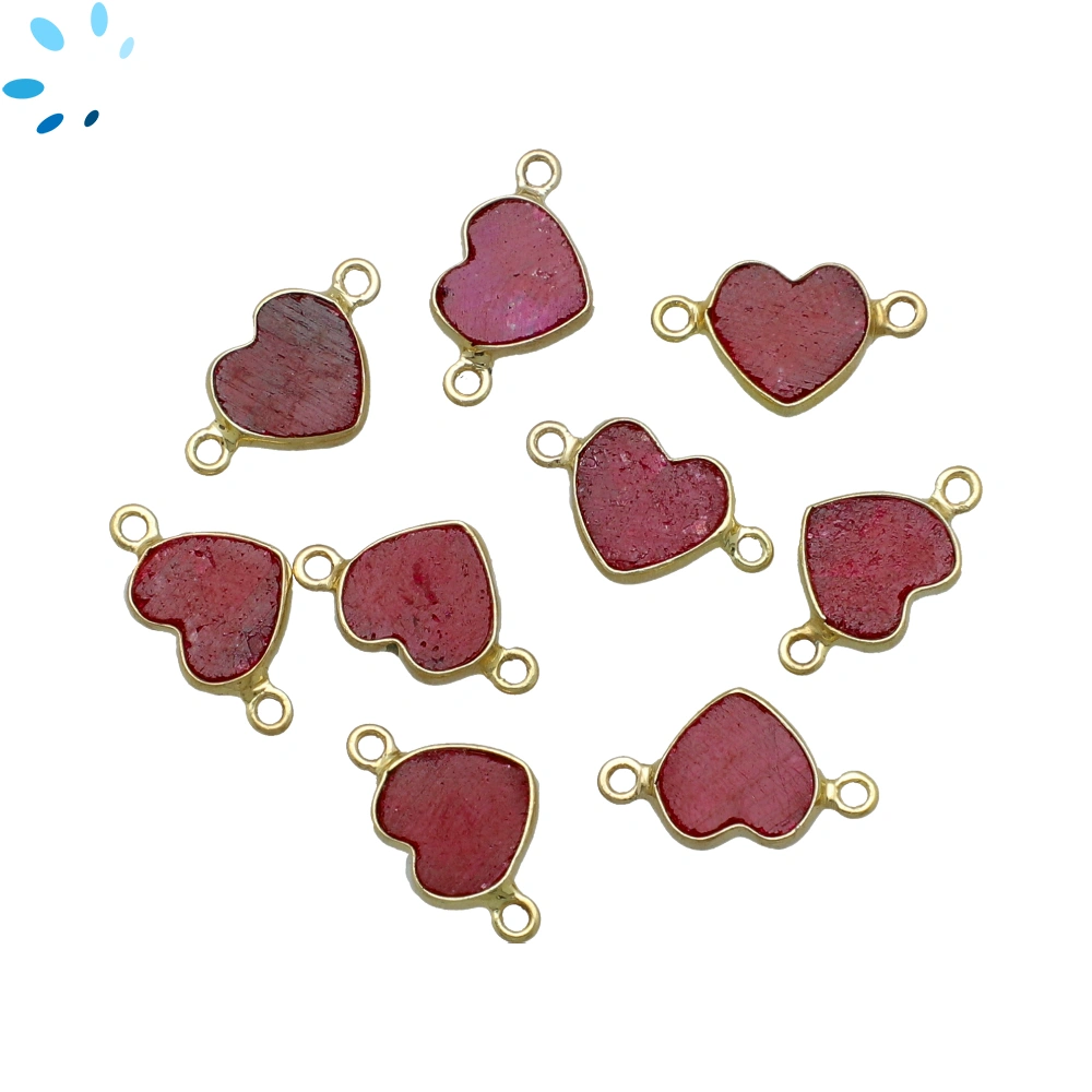 Dyed Ruby Corundum Heart Bezel Connector 9mm - 18k Gold Plated Sterling Silver - Set of 4