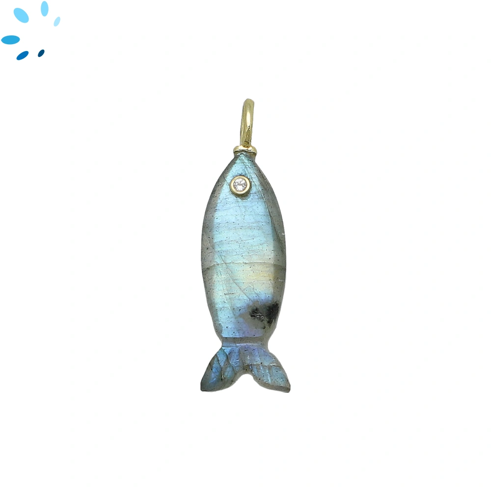 Labradorite Vertical Elongated Fish Inlay Pendant Charm 25x9mm - 18k Gold Plated Sterling Silver 1 Piece