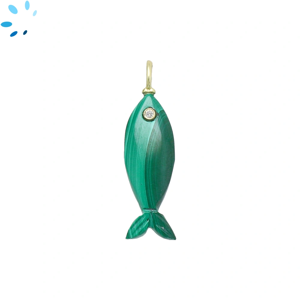 Malachite Vertical Elongated Fish Inlay Pendant Charm 25x9mm - 18k Gold Plated Sterling Silver 1 Piece