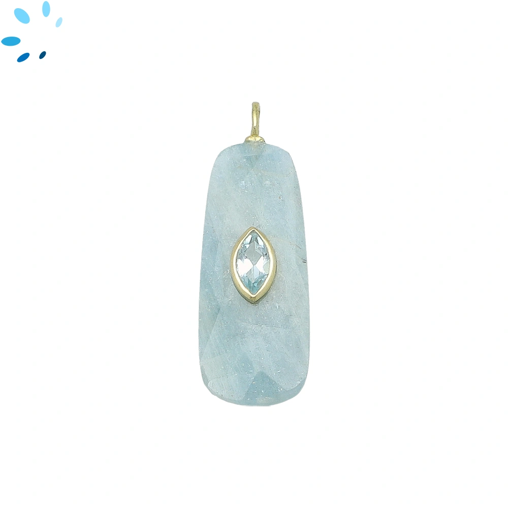 Aquamarine & Blue Topaz Tapered Rectangle Inlay Pendant Charm 33x13mm - 18k Gold Plated Sterling Silver - 1 Piece