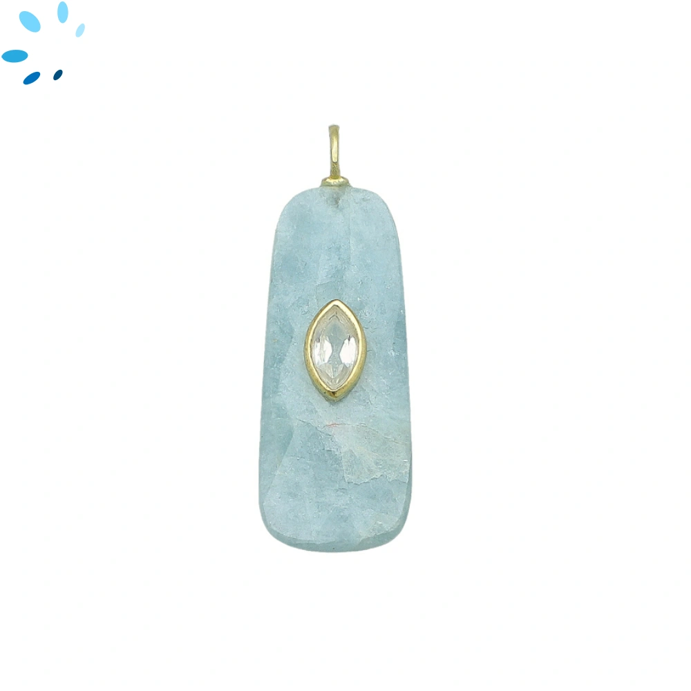 Aquamarine & White Topaz Tapered Rectangle Inlay Pendant Charm 33x13mm - 18k Gold Plated Sterling Silver - 1 Piece