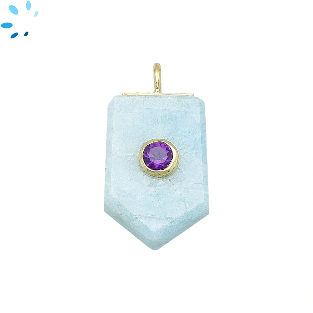 Aquamarine & Amethyst Flat Pencil Point Inlay Pendant Charm 22x14mm - 18k Gold Plated Sterling Silver - 1 Piece