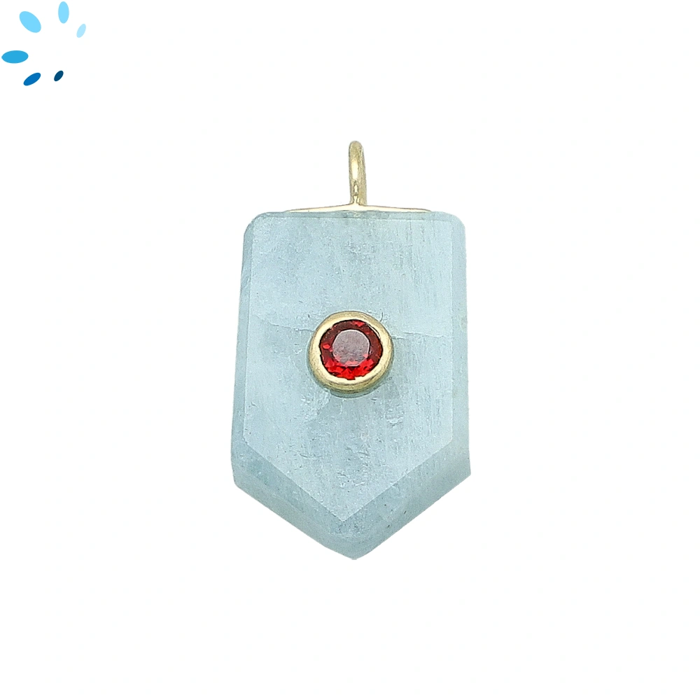 Aquamarine & Garnet Flat Pencil Point Inlay Pendant Charm 21x14mm - 18k Gold Plated Sterling Silver - 1 Piece