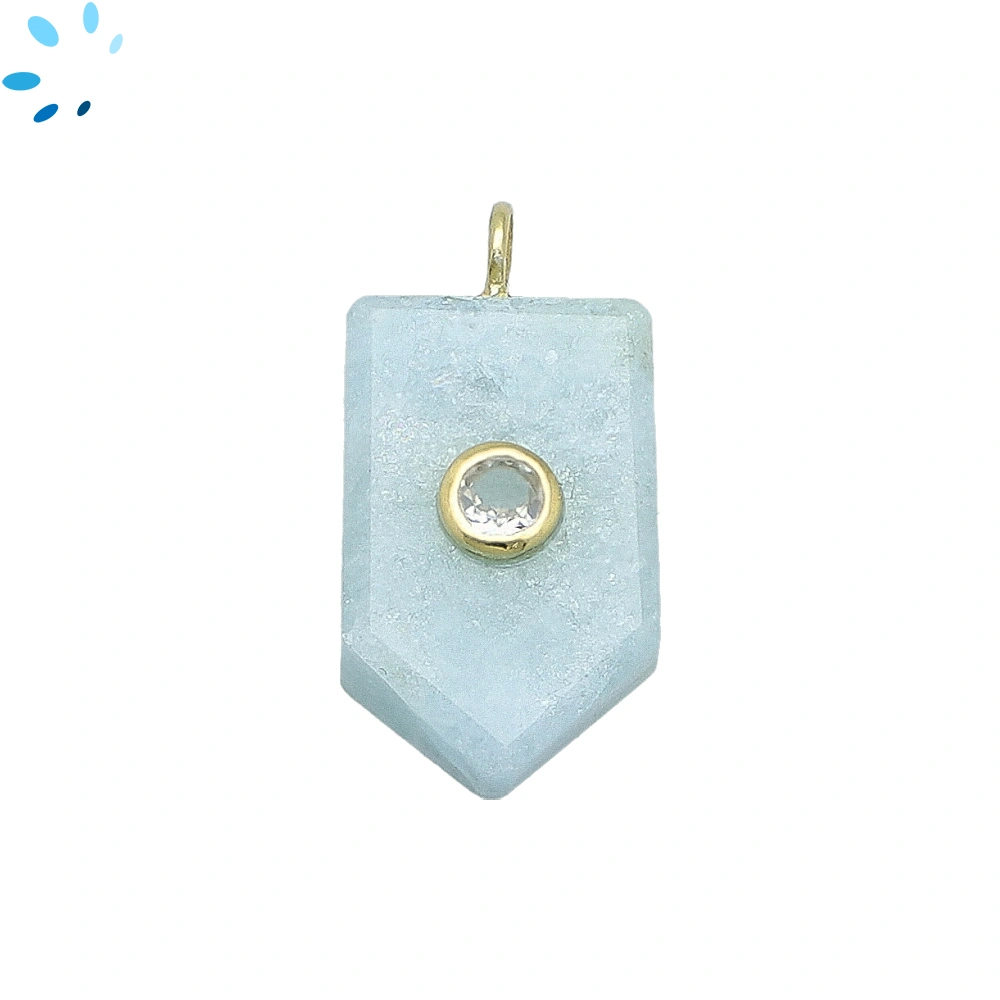Aquamarine & White Topaz Flat Pencil Point Inlay Pendant Charm 22x13mm - 18k Gold Plated Sterling Silver - 1 Piece