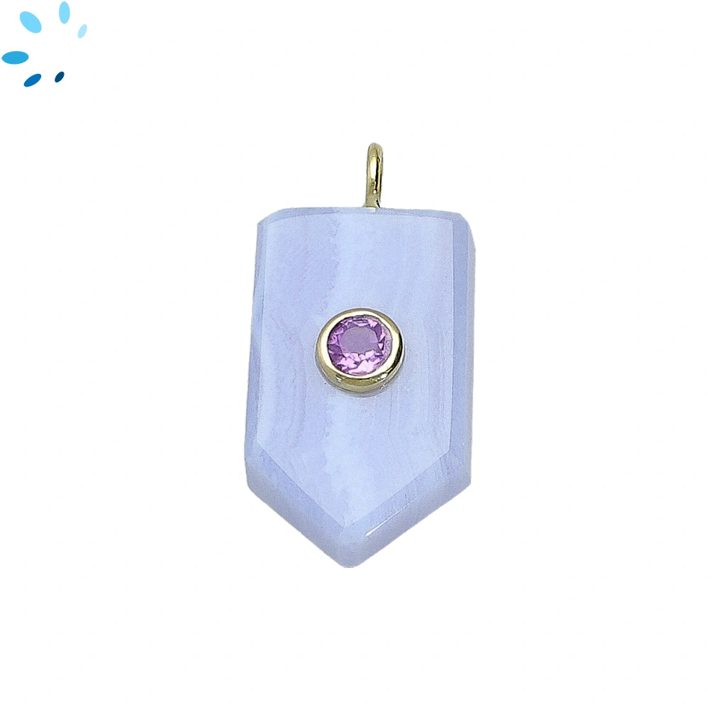 Blue Lace Agate & Amethyst Flat Pencil Point Inlay Pendant Charm 23x14mm - 18k Gold Plated Sterling Silver - 1 Piece