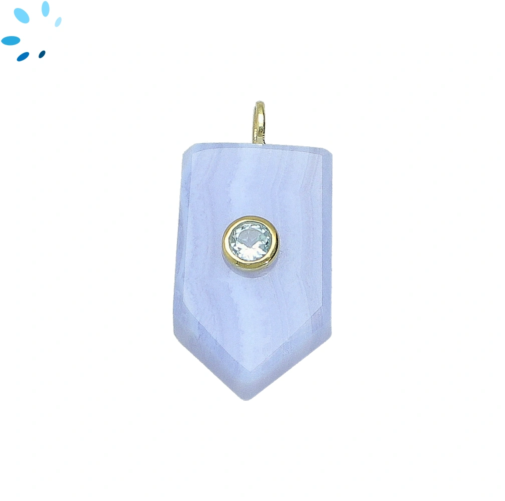 Blue Lace Agate & Blue Topaz Flat Pencil Point Inlay Pendant Charm 23x14mm - 18k Gold Plated Sterling Silver - 1 Piece
