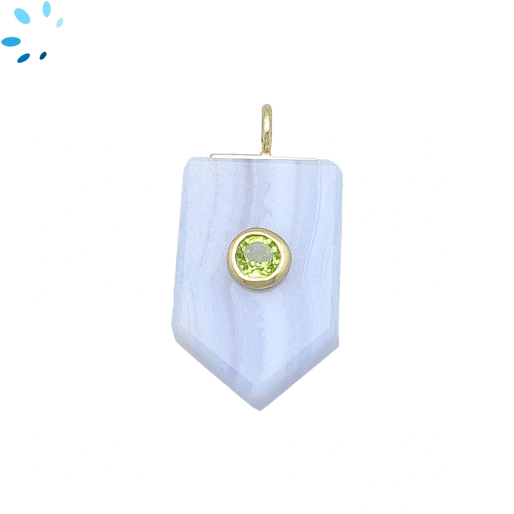 Blue Lace Agate & Peridot Flat Pencil Point Inlay Pendant Charm 21x13mm - 18k Gold Plated Sterling Silver - 1 Piece