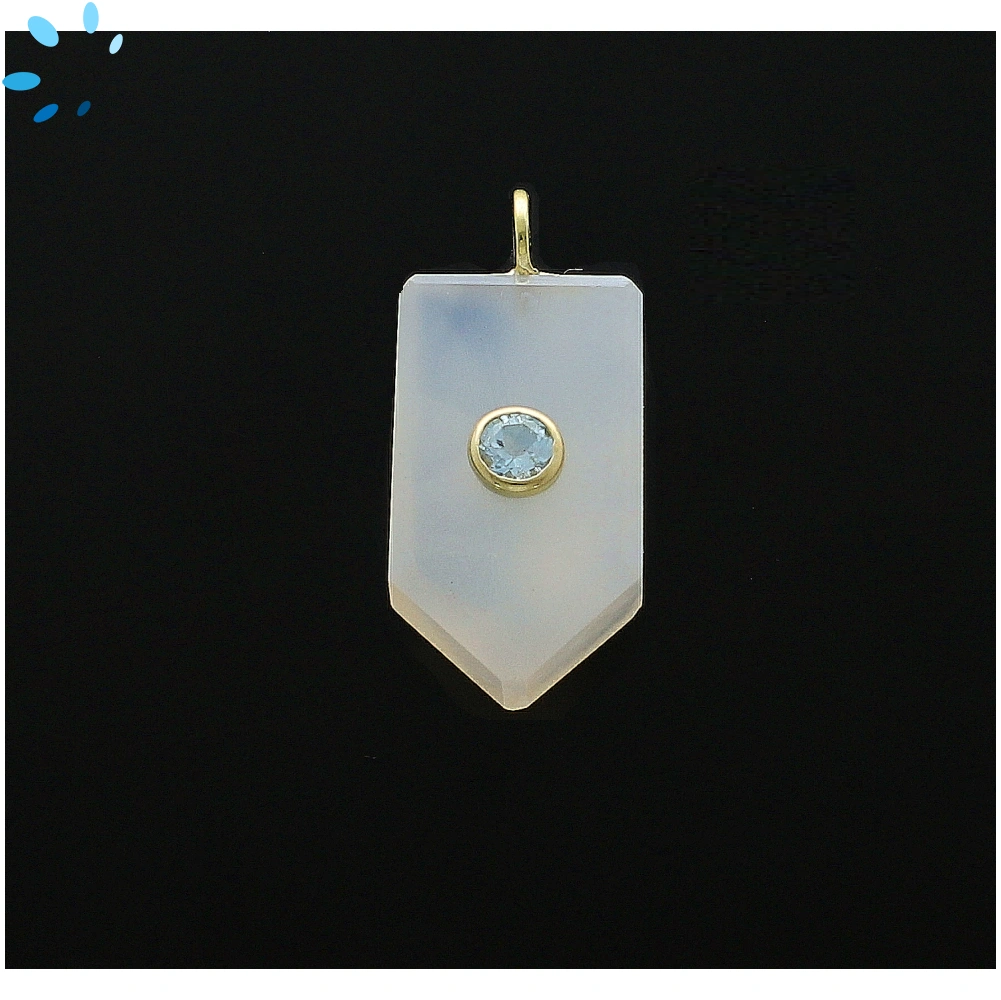Mystic White Chalcedony & Blue Topaz Flat Pencil Point Inlay Pendant Charm 23x13mm - 18k Gold Plated Sterling Silver - 1 Piece