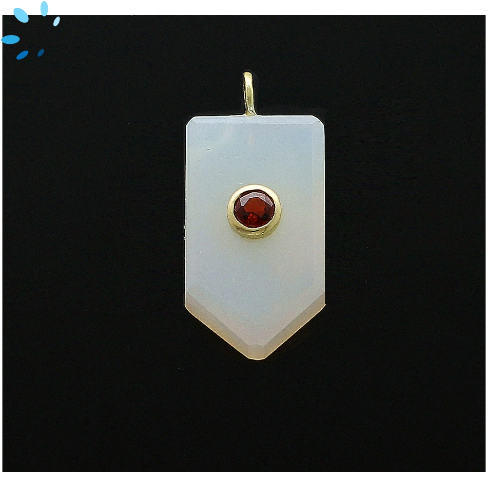 Mystic White Chalcedony & Garnet Flat Pencil Point Inlay Pendant Charm 23x13mm - 18k Gold Plated Sterling Silver - 1 Piece