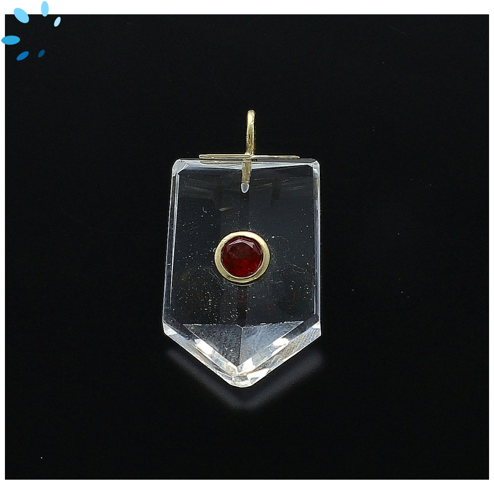Crystal Quartz & Garnet Flat Pencil Point Inlay Pendant Charm 21x14mm - 18k Gold Plated Sterling Silver - 1 Piece