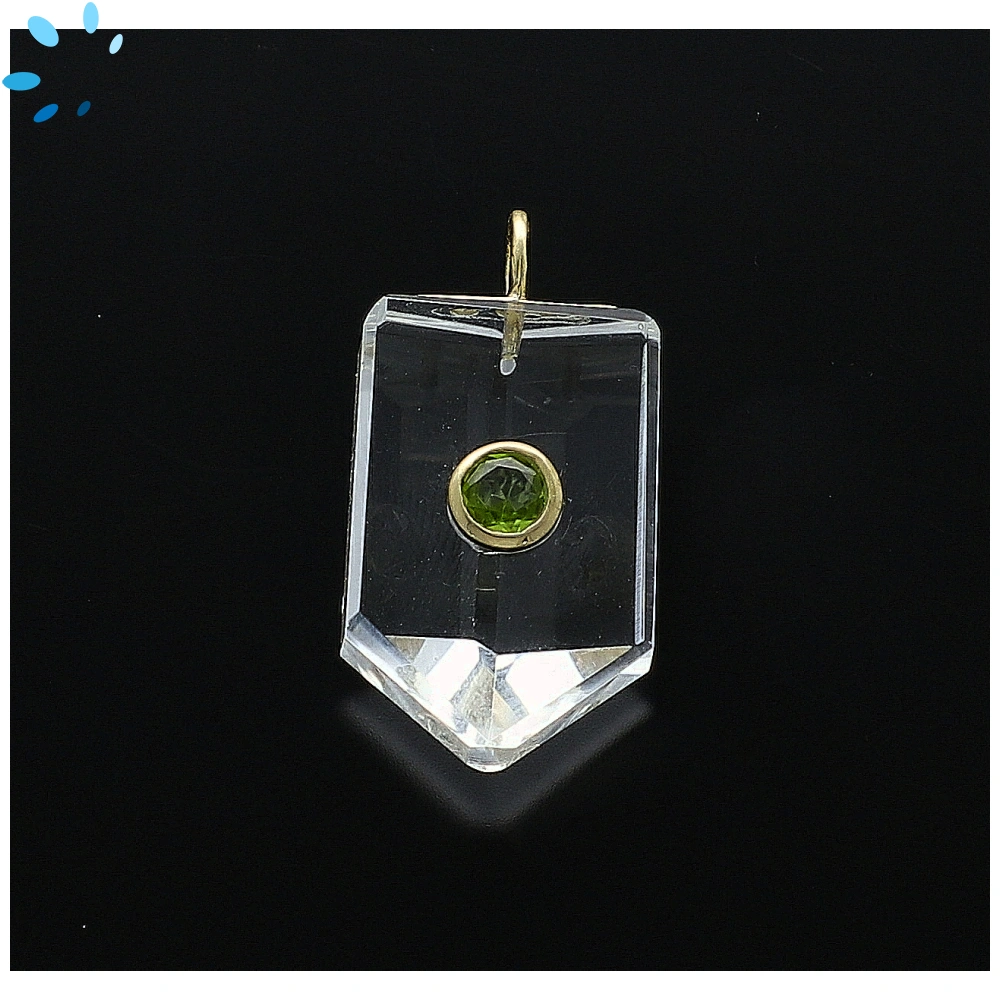 Crystal Quartz & Peridot Flat Pencil Point Inlay Pendant Charm 21x14mm - 18k Gold Plated Sterling Silver - 1 Piece